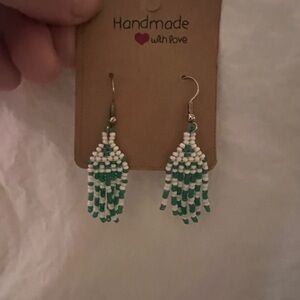 Handmade Green and White Beaded Earrings